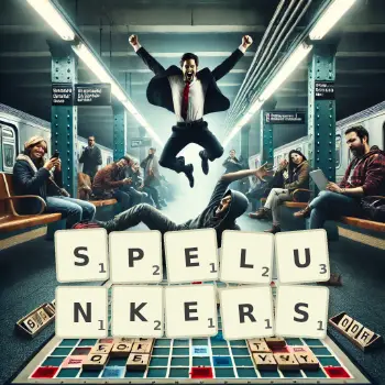 Creative illustration for a Scrabble game with the word SPELUNKERS spelled out in tiles on the board.
