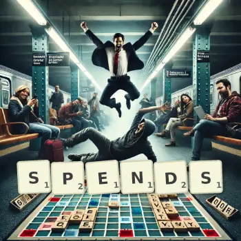 Creative illustration for a Scrabble game with the word SPENDS spelled out in tiles on the board.