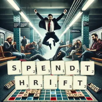 Creative illustration for a Scrabble game with the word SPENDTHRIFT spelled out in tiles on the board.