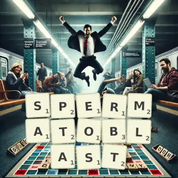 Creative illustration for a Scrabble game with the word SPERMATOBLAST spelled out in tiles on the board.