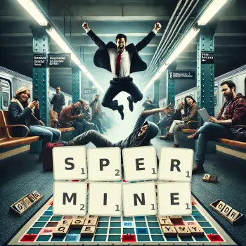Creative illustration for a Scrabble game with the word SPERMINE spelled out in tiles on the board.