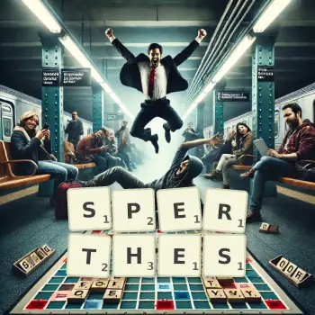 Creative illustration for a Scrabble game with the word SPERTHES spelled out in tiles on the board.