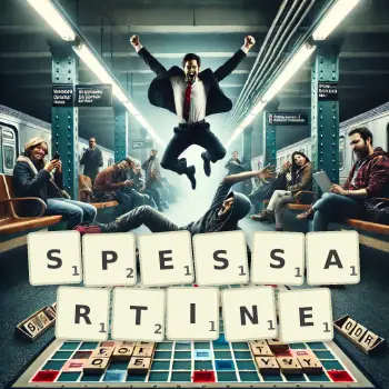 Creative illustration for a Scrabble game with the word SPESSARTINE spelled out in tiles on the board.