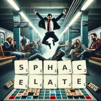 Creative illustration for a Scrabble game with the word SPHACELATE spelled out in tiles on the board.