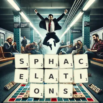 Creative illustration for a Scrabble game with the word SPHACELATIONS spelled out in tiles on the board.