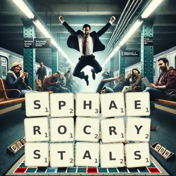 Creative illustration for a Scrabble game with the word SPHAEROCRYSTALS spelled out in tiles on the board.