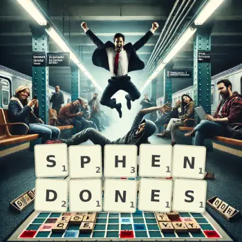 Creative illustration for a Scrabble game with the word SPHENDONES spelled out in tiles on the board.