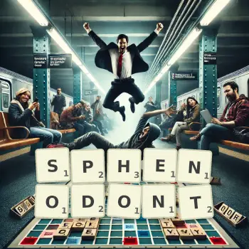 Creative illustration for a Scrabble game with the word SPHENODONT spelled out in tiles on the board.