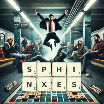 Creative illustration for a Scrabble game with the word SPHINXES spelled out in tiles on the board.