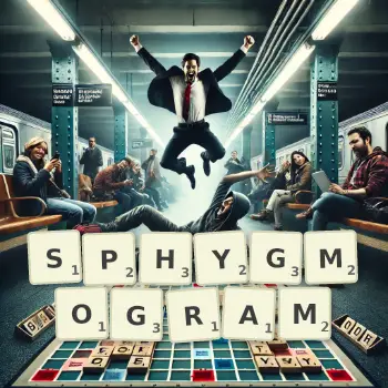 Creative illustration for a Scrabble game with the word SPHYGMOGRAM spelled out in tiles on the board.