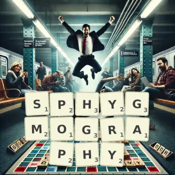 Creative illustration for a Scrabble game with the word SPHYGMOGRAPHY spelled out in tiles on the board.