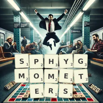 Creative illustration for a Scrabble game with the word SPHYGMOMETERS spelled out in tiles on the board.