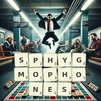 Creative illustration for a Scrabble game with the word SPHYGMOPHONES spelled out in tiles on the board.