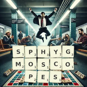 Creative illustration for a Scrabble game with the word SPHYGMOSCOPES spelled out in tiles on the board.