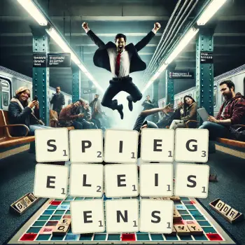Creative illustration for a Scrabble game with the word SPIEGELEISENS spelled out in tiles on the board.