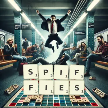 Creative illustration for a Scrabble game with the word SPIFFIES spelled out in tiles on the board.