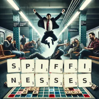 Creative illustration for a Scrabble game with the word SPIFFINESSES spelled out in tiles on the board.