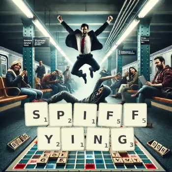 Creative illustration for a Scrabble game with the word SPIFFYING spelled out in tiles on the board.