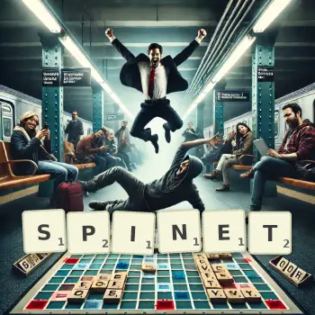 Creative illustration for a Scrabble game with the word SPINET spelled out in tiles on the board.