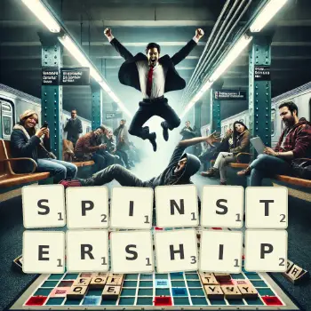 Creative illustration for a Scrabble game with the word SPINSTERSHIP spelled out in tiles on the board.
