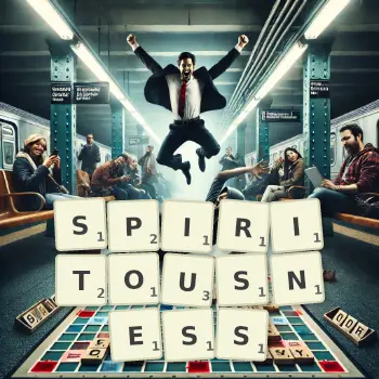 Creative illustration for a Scrabble game with the word SPIRITOUSNESS spelled out in tiles on the board.