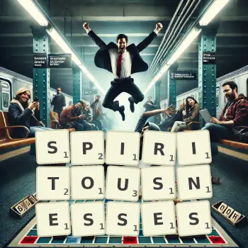Creative illustration for a Scrabble game with the word SPIRITOUSNESSES spelled out in tiles on the board.