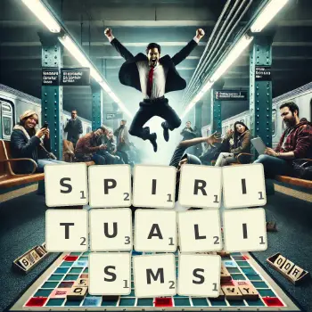 Creative illustration for a Scrabble game with the word SPIRITUALISMS spelled out in tiles on the board.