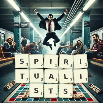 Creative illustration for a Scrabble game with the word SPIRITUALISTS spelled out in tiles on the board.