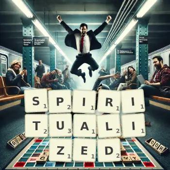 Creative illustration for a Scrabble game with the word SPIRITUALIZED spelled out in tiles on the board.