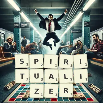 Creative illustration for a Scrabble game with the word SPIRITUALIZER spelled out in tiles on the board.