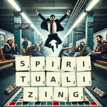 Creative illustration for a Scrabble game with the word SPIRITUALIZING spelled out in tiles on the board.