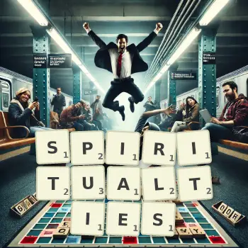 Creative illustration for a Scrabble game with the word SPIRITUALTIES spelled out in tiles on the board.