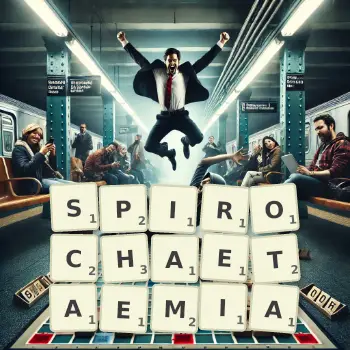 Creative illustration for a Scrabble game with the word SPIROCHAETAEMIA spelled out in tiles on the board.