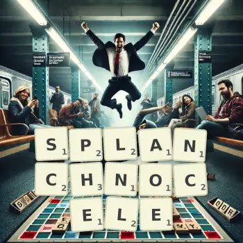 Creative illustration for a Scrabble game with the word SPLANCHNOCELE spelled out in tiles on the board.