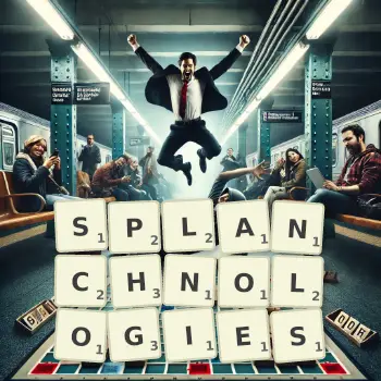 Creative illustration for a Scrabble game with the word SPLANCHNOLOGIES spelled out in tiles on the board.