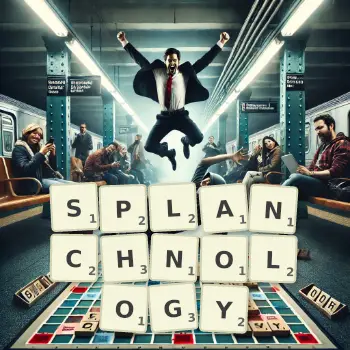 Creative illustration for a Scrabble game with the word SPLANCHNOLOGY spelled out in tiles on the board.