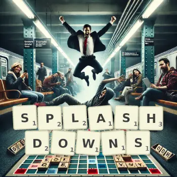 Creative illustration for a Scrabble game with the word SPLASHDOWNS spelled out in tiles on the board.