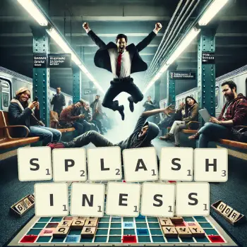 Creative illustration for a Scrabble game with the word SPLASHINESS spelled out in tiles on the board.