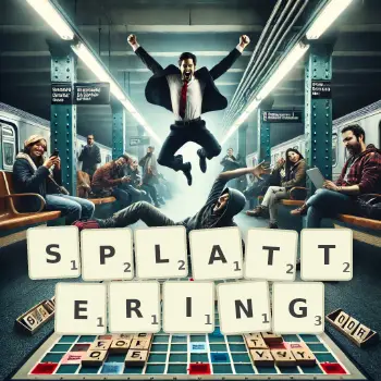 Creative illustration for a Scrabble game with the word SPLATTERING spelled out in tiles on the board.