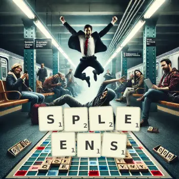 Creative illustration for a Scrabble game with the word SPLEENS spelled out in tiles on the board.