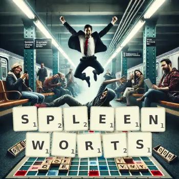 Creative illustration for a Scrabble game with the word SPLEENWORTS spelled out in tiles on the board.