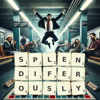 Creative illustration for a Scrabble game with the word SPLENDIFEROUSLY spelled out in tiles on the board.