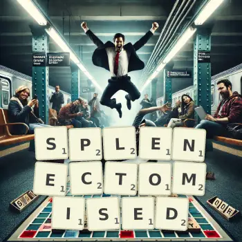 Creative illustration for a Scrabble game with the word SPLENECTOMISED spelled out in tiles on the board.