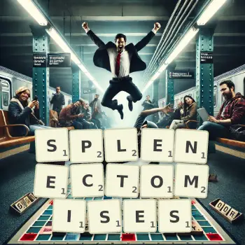 Creative illustration for a Scrabble game with the word SPLENECTOMISES spelled out in tiles on the board.