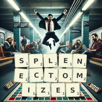 Creative illustration for a Scrabble game with the word SPLENECTOMIZES spelled out in tiles on the board.