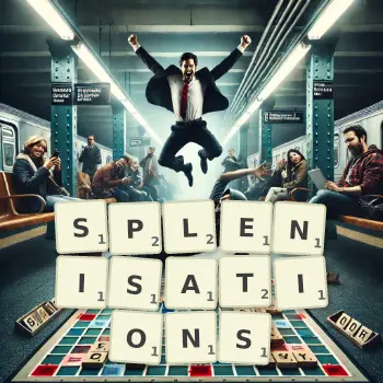 Creative illustration for a Scrabble game with the word SPLENISATIONS spelled out in tiles on the board.