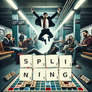 Creative illustration for a Scrabble game with the word SPLINING spelled out in tiles on the board.