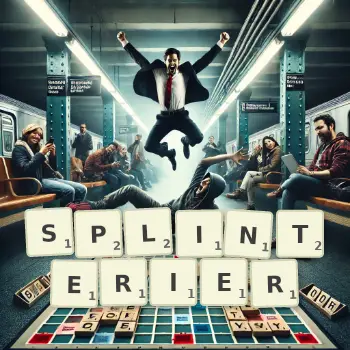Creative illustration for a Scrabble game with the word SPLINTERIER spelled out in tiles on the board.