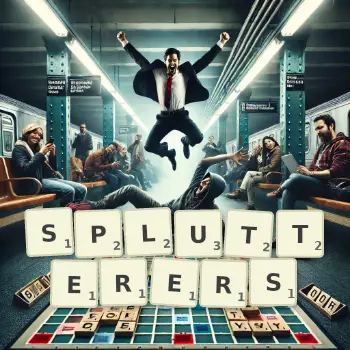 Creative illustration for a Scrabble game with the word SPLUTTERERS spelled out in tiles on the board.