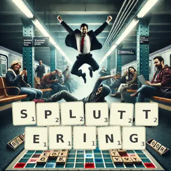 Creative illustration for a Scrabble game with the word SPLUTTERING spelled out in tiles on the board.